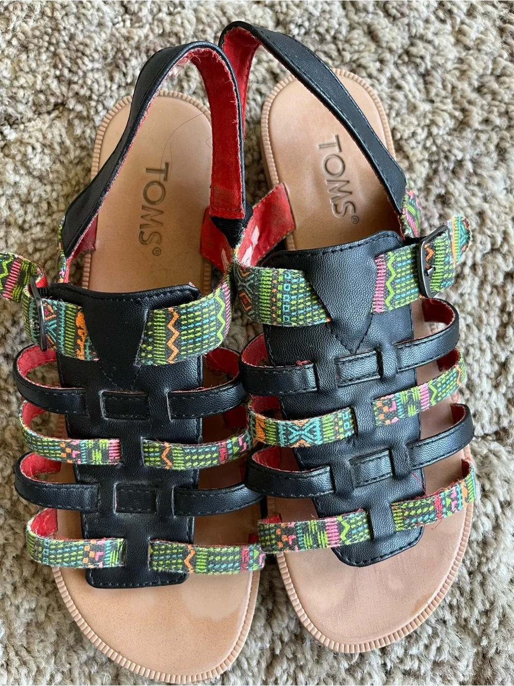 Toms Huarache Strappy Sandals with Multi-Color Tribal Print.